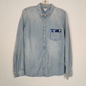 J. Crew Women's Shirt Size L Blue White Stars Cotton Patchwork Western Cowgirl